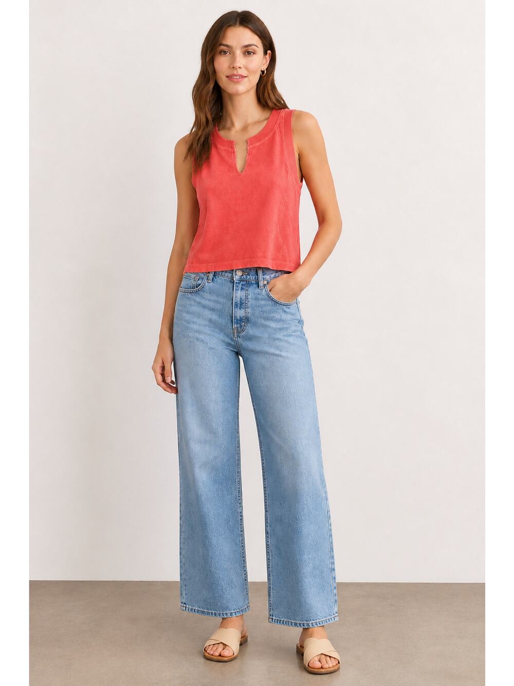Bobi Split Neck Cropped Terry Tank Sun Kissed Coral Womens Size Medium New